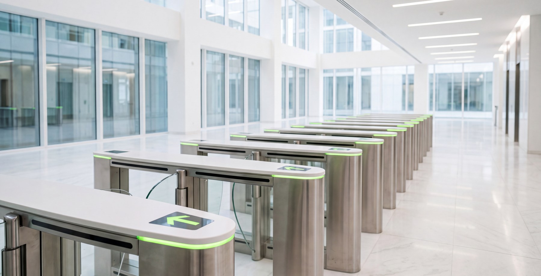 Security speed gates standing open in the bright lobby of a client headquarters