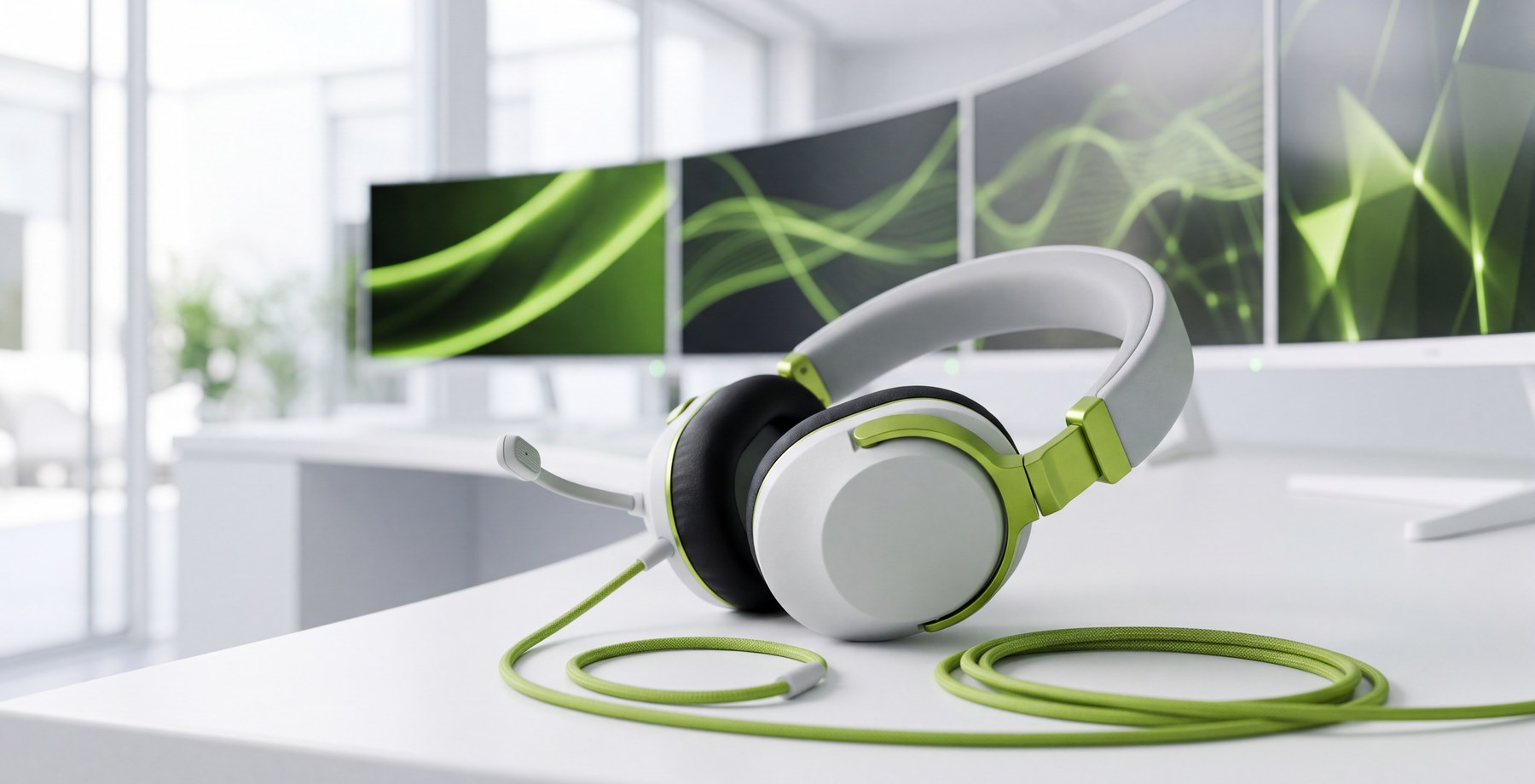 A headset resting on the console of a bright operations and support desk