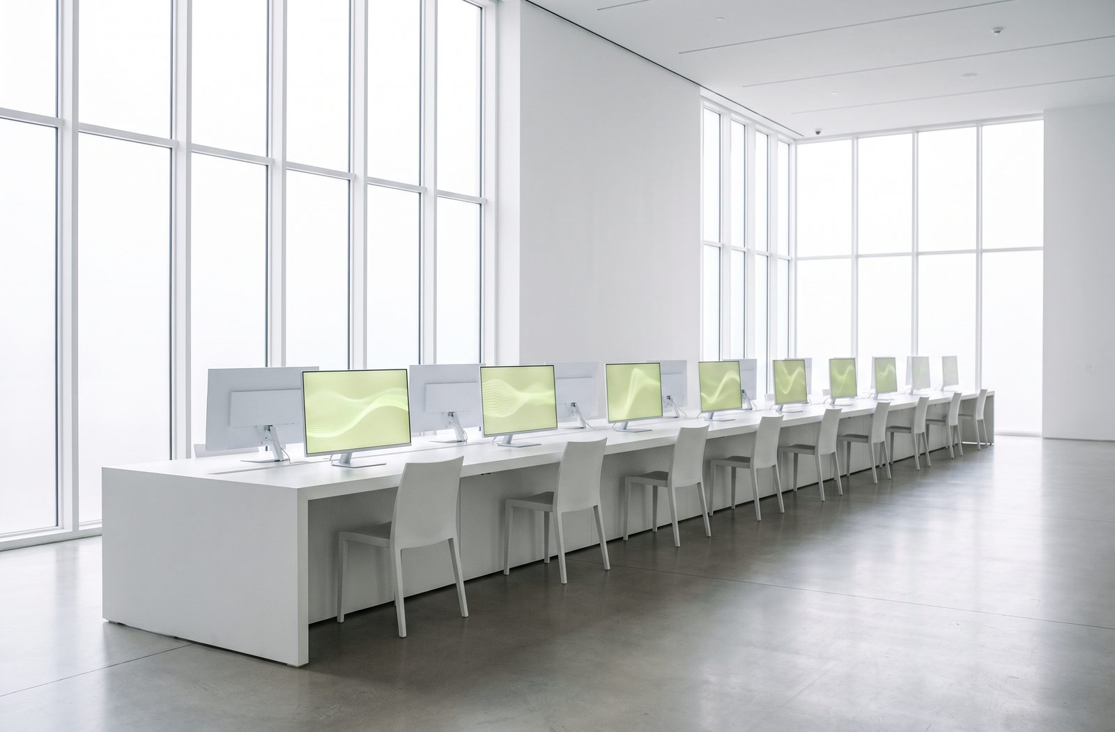 A long row of workstations displaying green system interfaces in a bright hall
