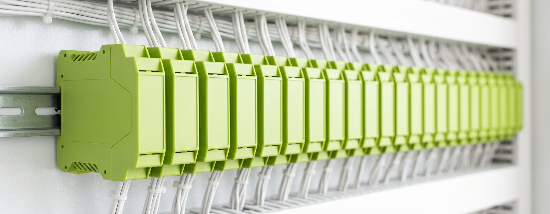 A rail of identical green control modules, individually wired