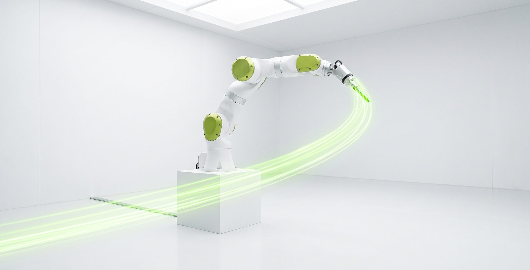 A collaborative robot arm tracing a green light trail